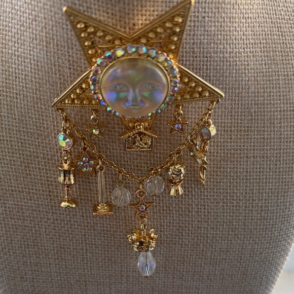 Kirks Folly Gold Star and Moon Face Brooch with Charms - Picture 3 of 9